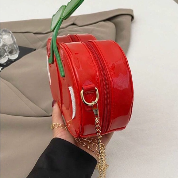 Red Cherry-Shaped Mini Crossbody Bag with Green Leaf Accent - Picture 3 of 10
